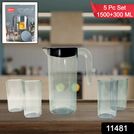 Apexcrystal Premium Jug With Lid  4 Pcs Glass (1500 Ml  300 Ml Approx  5 Pcs Set)