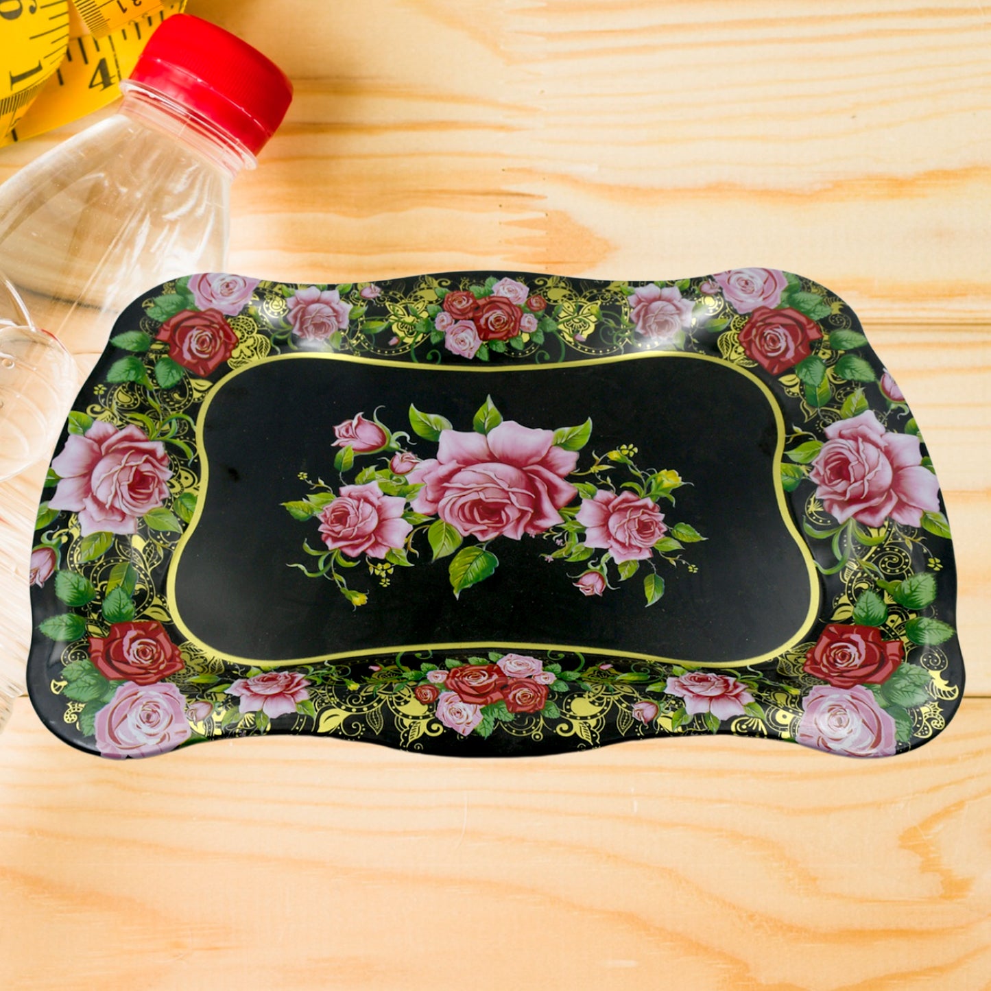 Stainless Steel Serving Tray With Flower Printed Rectangle Premium Dining Table Plate (18 X 8.5 Inch  1 Pc)