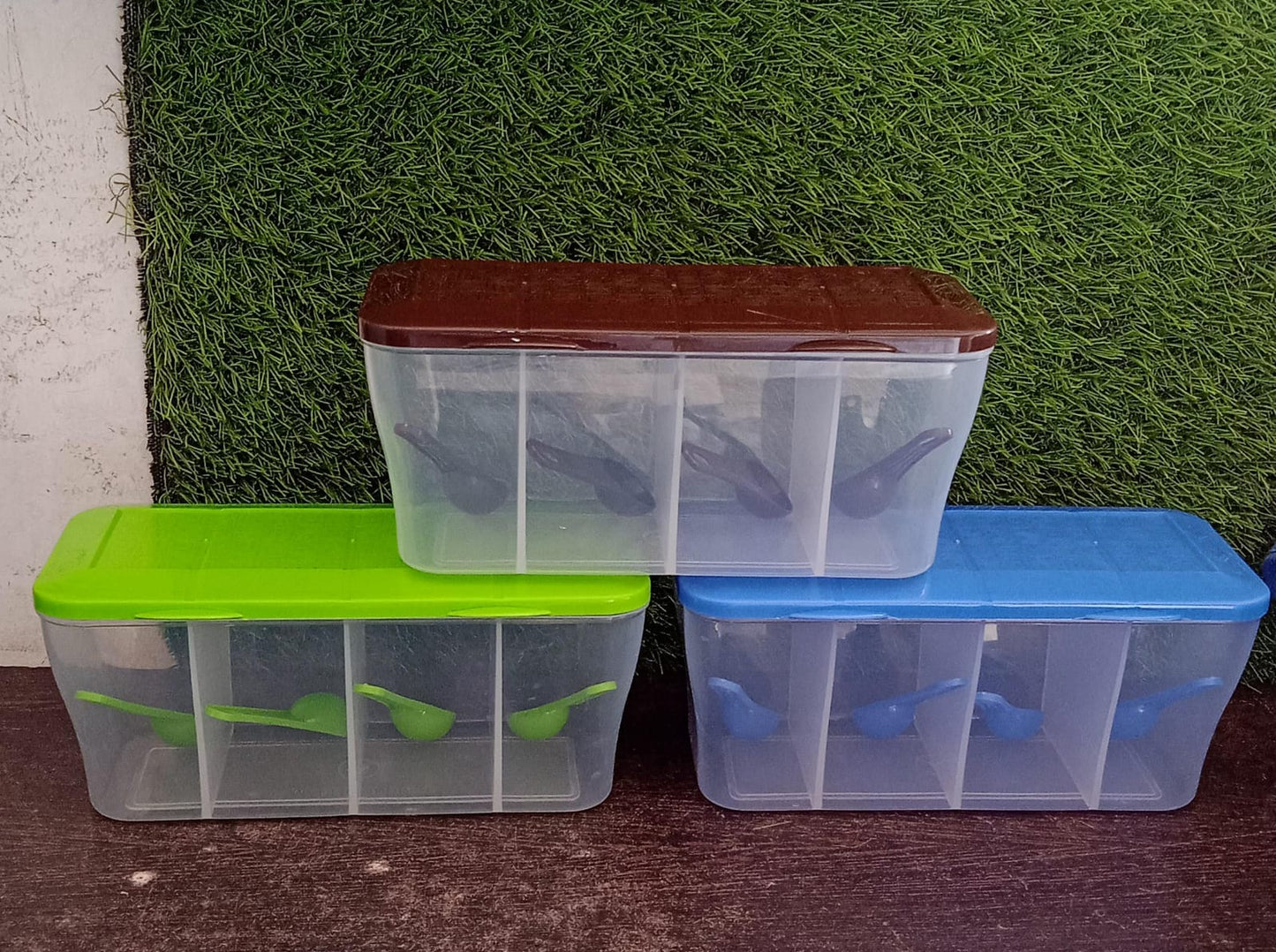 Kitchen Multipurpose Air-Tight 4 Sections Storage Containers  Pickle (Achar) Jar With 4 Spoon For Each Section (1 Pc  Mix Color)