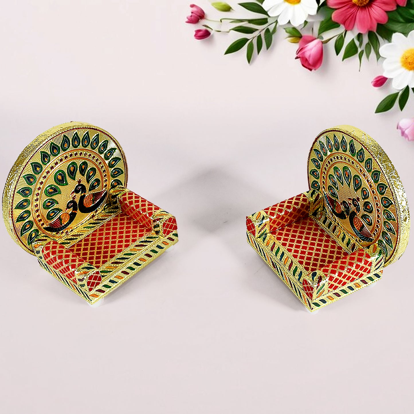 Meenakari Work Laddu Gopal Singhasan For Pooja Mandir Wooden Krishna Ladoo Bal Gopal Sofa Asan Home Decorative Premium Look Decorative Singhasan Suitable For Home Office Restaurant (2 Pc Set)