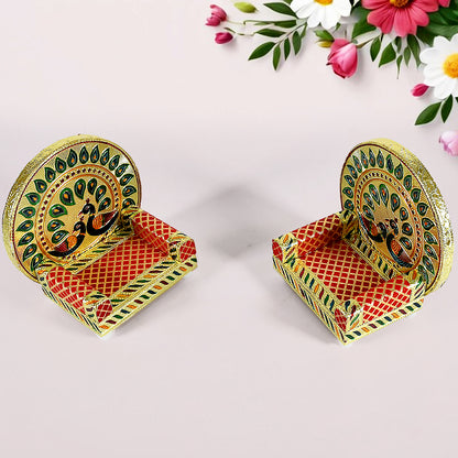Meenakari Work Laddu Gopal Singhasan For Pooja Mandir Wooden Krishna Ladoo Bal Gopal Sofa Asan Home Decorative Premium Look Decorative Singhasan Suitable For Home Office Restaurant (2 Pc Set)
