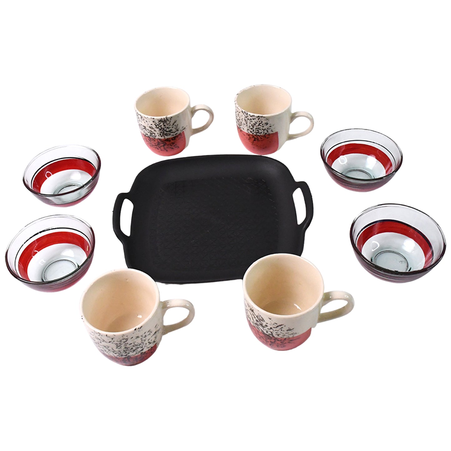 Healthy Choice Set Of 4Pc Ceramic Cup And 4Pc Glass Bowl With Plastic Plate (9 Pcs Set)