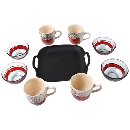 Healthy Choice Set Of 4Pc Ceramic Cup And 4Pc Glass Bowl With Plastic Plate (9 Pcs Set)