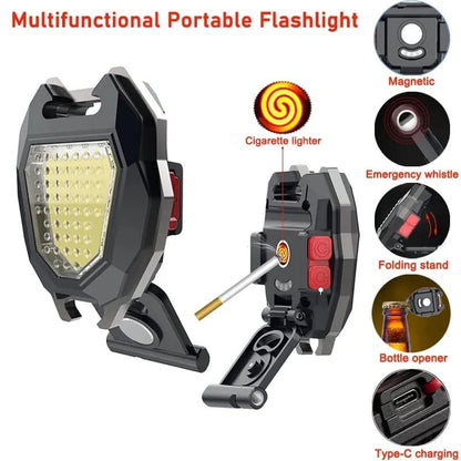 Portable Triangular Shaped Emergency Camping Flashlight With Cigarette Lighter Lumens Rechargeable Waterproof Portable Led Light Camping Keychain 6Lighting Modes With Strong Magnet 3 Color Lighting For Travel Camping Walking