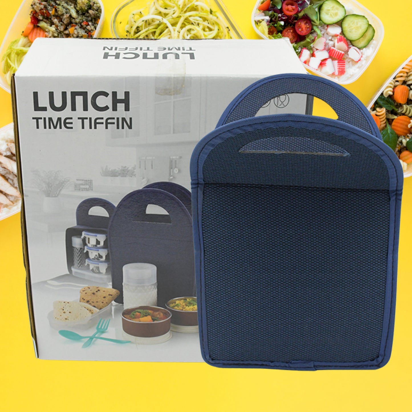 6In1 Tiffin Box-Lunch Box  3 Stainless Steel Containers  Plastic Lid Box  Spoon  Fork Plastic Bottle  Insulated Fabric Bag  Leak Proof  Microwave Safe  For Office College And School For Men Women (6 Pcs)