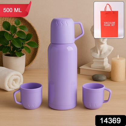Purple Vacuum Flask Set  Stainless Steel Thermos With 3 Cups Approx 500Ml