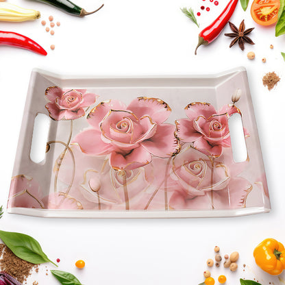 Plastic Rectangular Shape Flower Printed Design Serving Tray 3 Pcs Home And Kitchen Use (3 Pcs Set)