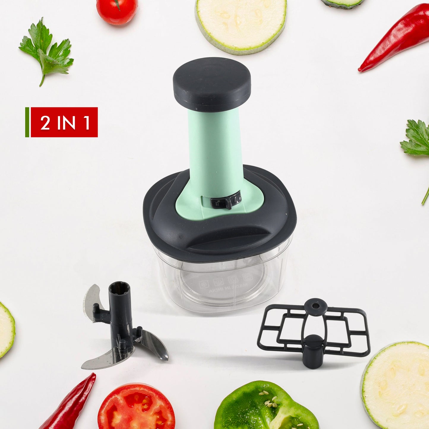 Push Chopper Manual Food Chopper And Hand Push Vegetable Chopper Cutter Mixer Set For Kitchen With 3 Stainless Steel Blade.