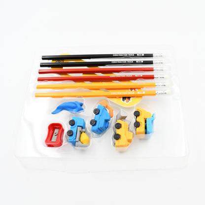 Pencil And Eraser Set Construction Truck Theme Stationery Kit Includes 6 Pencils 4 Erasers 1 Sharpener 1 Ruler Bookmark 1 Pencil Cap Stationary For Birthday Gifts For Kids Birthday Return Gifts (13 Pc Set)