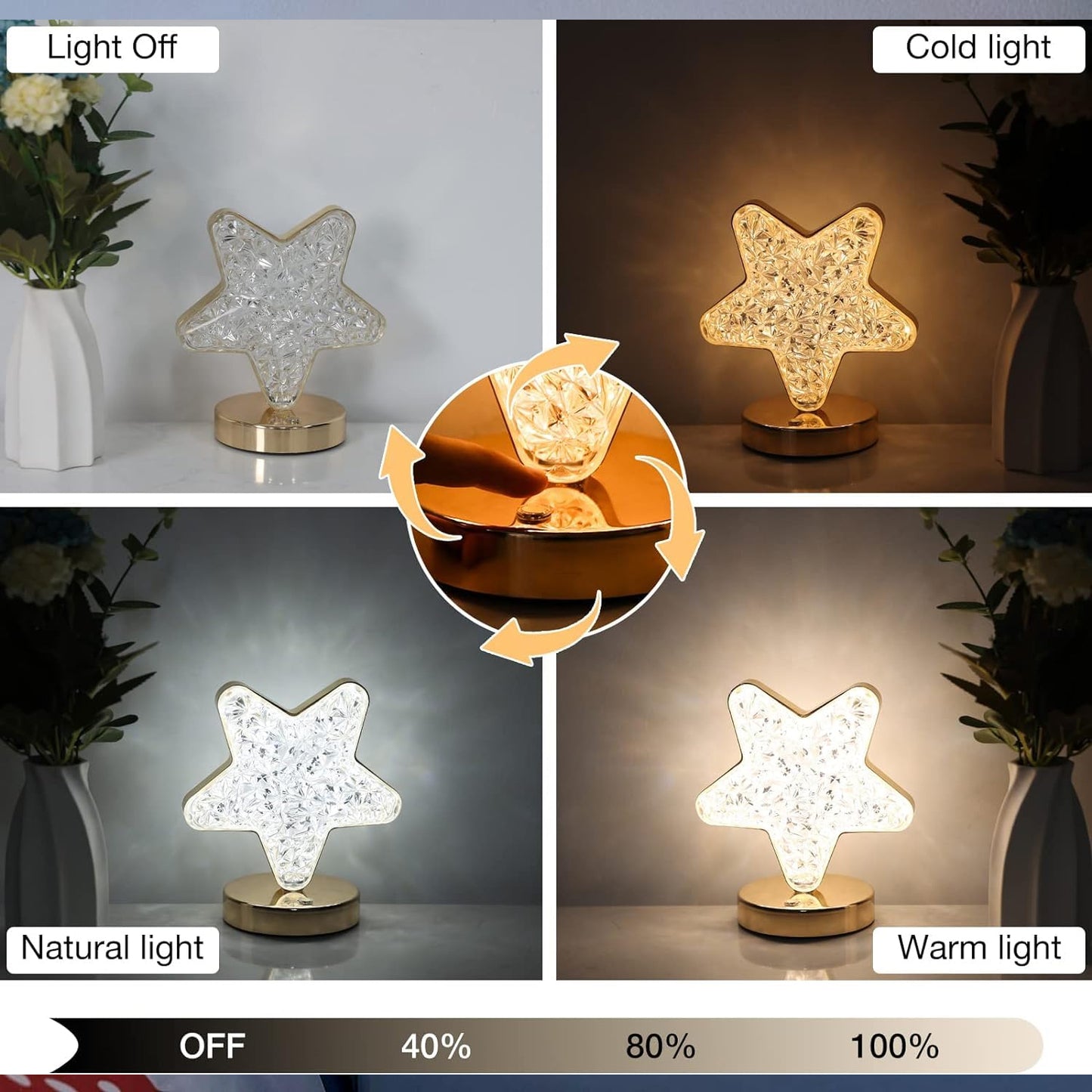 Star Shape Crystal Diamond Lamp Cordless Luxury Lamp With Usb Rechargeable 3-Way Dimmable  Touch Control Decorative Nightstand Lamp For Bedroom Living Room Party Restaurant Decor (1 Pc )