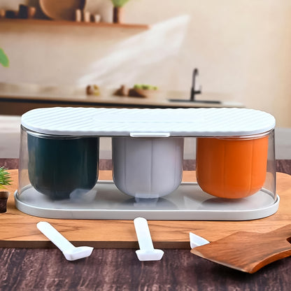 Homekitchen 3 Grid Seasoning Spice  Masala Box Kit With Spoon (Multicolor  1 Set)