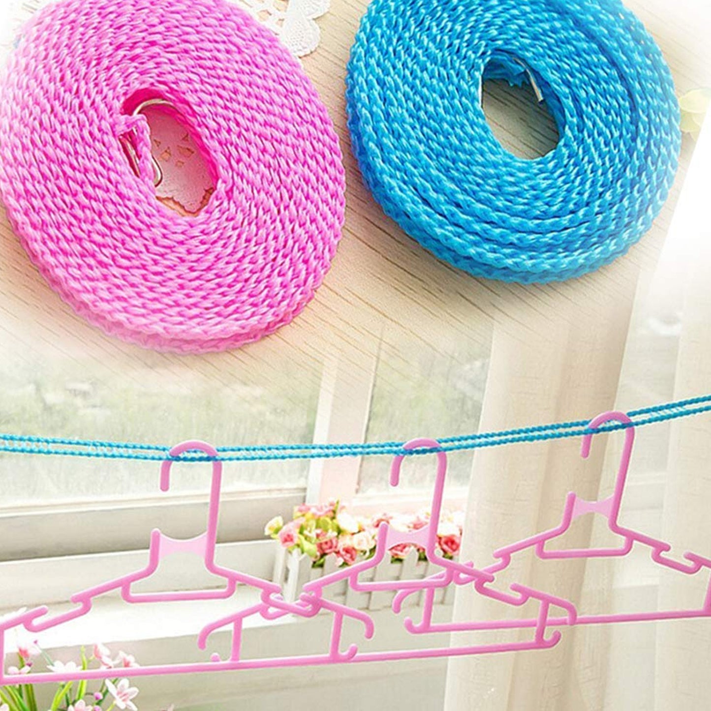 3 Meters Windprood Anti-Slip Clothes Washing Line Drying Nylon Rope With Hooks Durable Camping Clothesline Portable Clothes Drying Line Indoor Outdoor Laundry Storage For Travel Home Use (3 Mtr.)