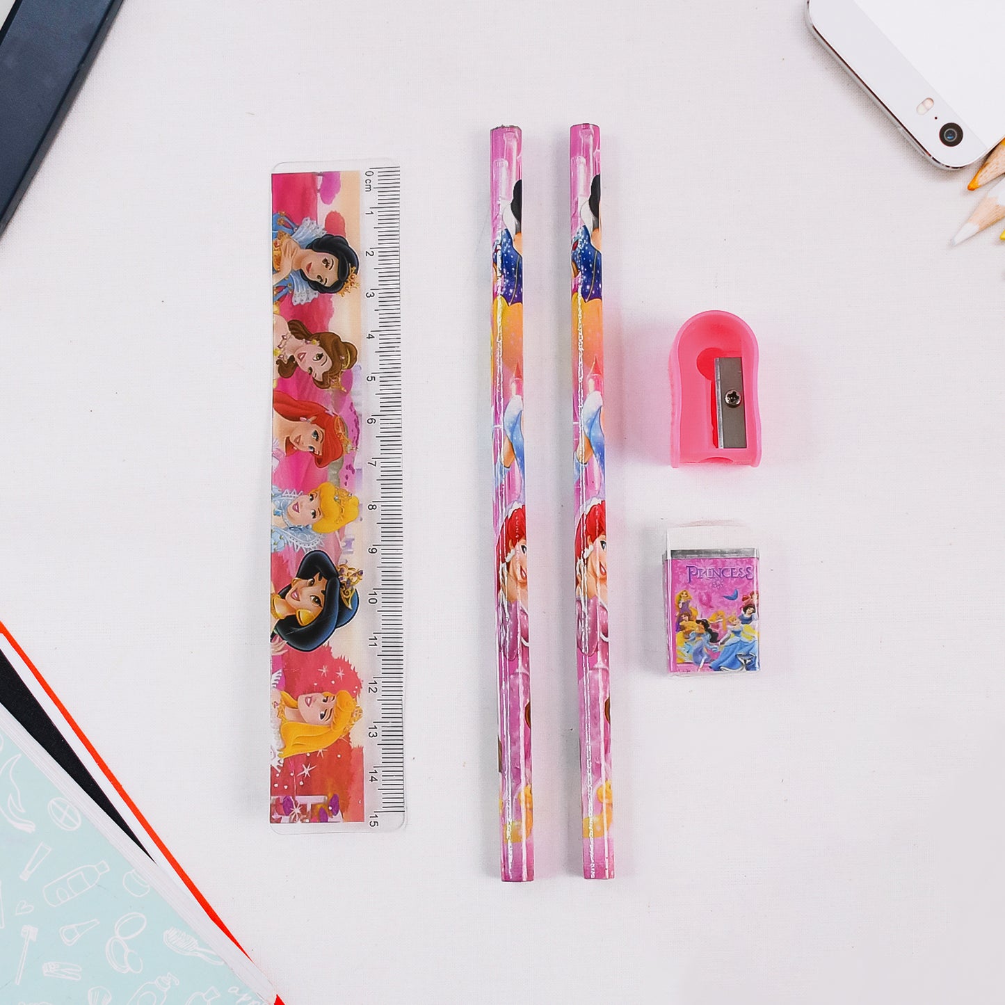 Mix Design Cartoon Wooden Pencil Set Stationary Set 5 In 1 Items Educational Item For School Going Kids Stationary Set For Girls Boysstationary For Schoolgift Pack For Girls Kidsbirthday Gift Kids (5 Pc Set )