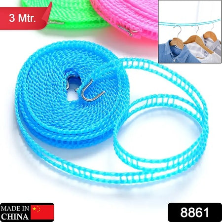 3 Meters Windprood Anti-Slip Clothes Washing Line Drying Nylon Rope With Hooks Durable Camping Clothesline Portable Clothes Drying Line Indoor Outdoor Laundry Storage For Travel Home Use (3 Mtr.)