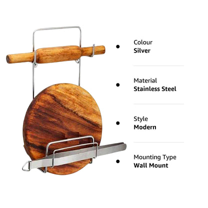 Chakla Belan Chimta Stand Rolling Pin Board Tong Holder Silver Stainless Steel Multi-Purpose Rack For Kitchen (1 Pc )