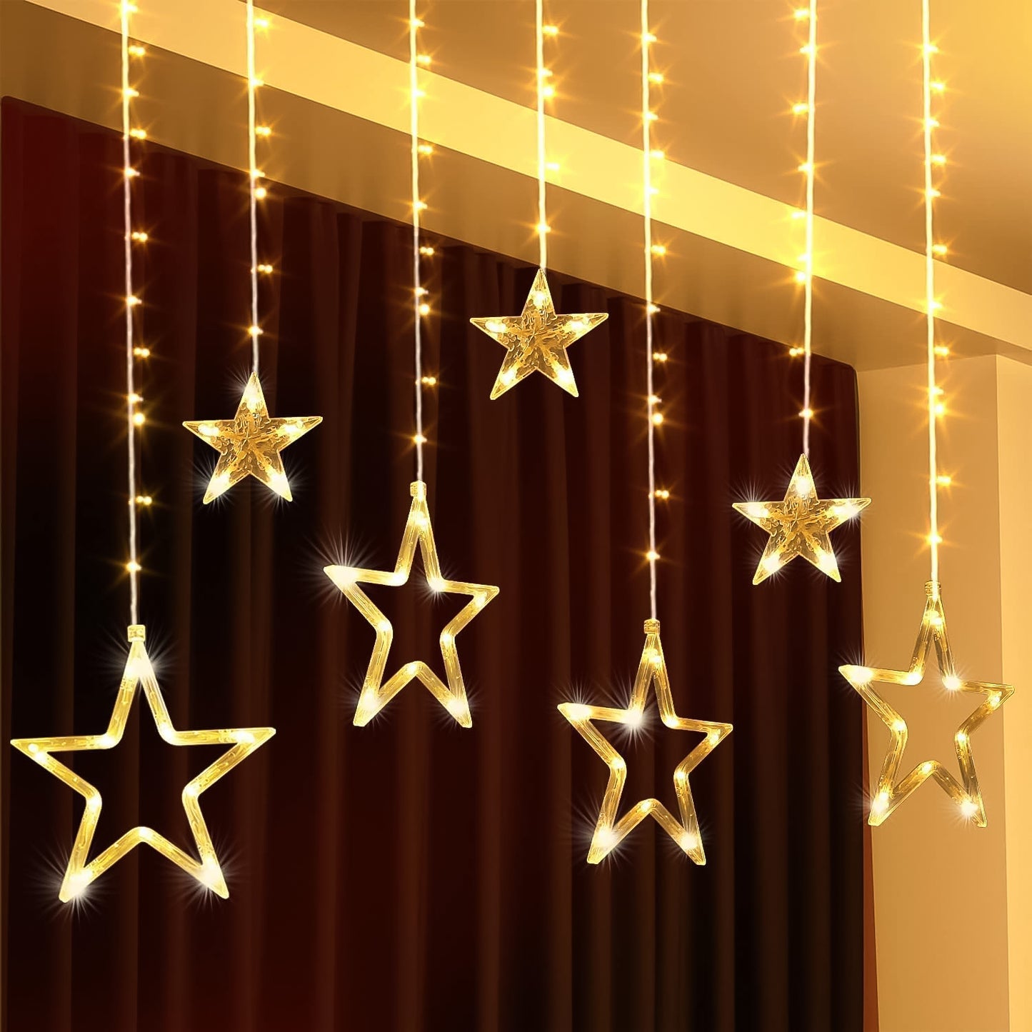 12 Stars Led Curtain String Lights With 8 Flashing Modes For Home Decoration Diwali  Wedding Led Christmas Light Indoor And Outdoor Light Festival Decoration  (Warm White)