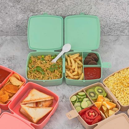 Double-Layer Square Lunch Box With  Spoon  4 Compartment Tiffin  Push Lock  Plastic Tiffin Box For Travelling School Kids  Office Exclusive Home