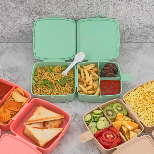 Double-Layer Square Lunch Box With  Spoon  4 Compartment Tiffin  Push Lock  Plastic Tiffin Box For Travelling School Kids  Office Exclusive Home