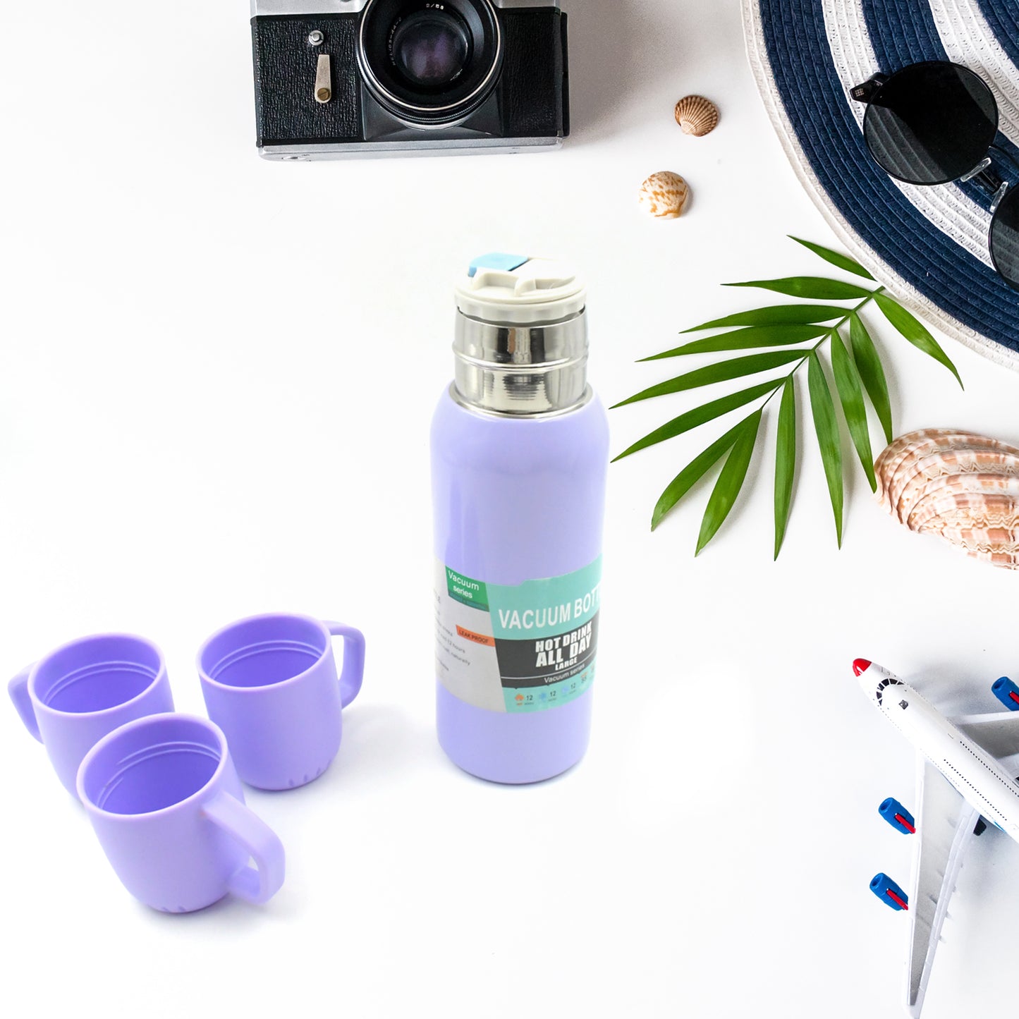 Vacuum Flask Set Stainless Steel Thermos With 3 Cup Creative Gift Set With Cover Handle Portable Car Water Bottle Set (Approx 500Ml)
