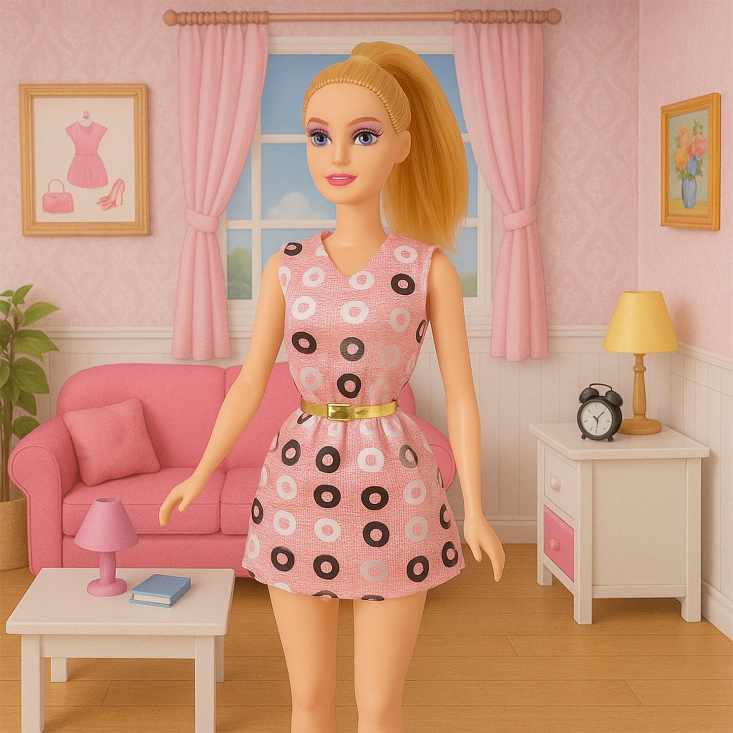 Premium Fashion Doll With Polka-Dotted Dress And Stylish Belt (1 Pc)