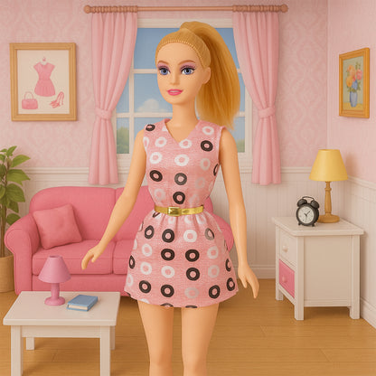 Premium Fashion Doll With Polka-Dotted Dress And Stylish Belt (1 Pc)
