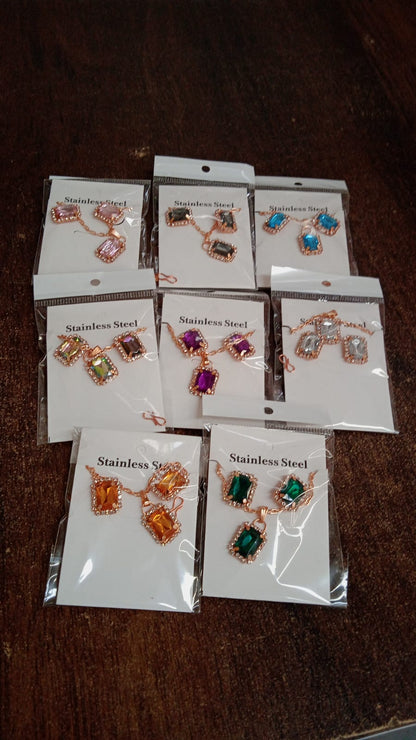 Stonependant Necklace Chain Set With Earrings (1 Set  Mix Color  Design)