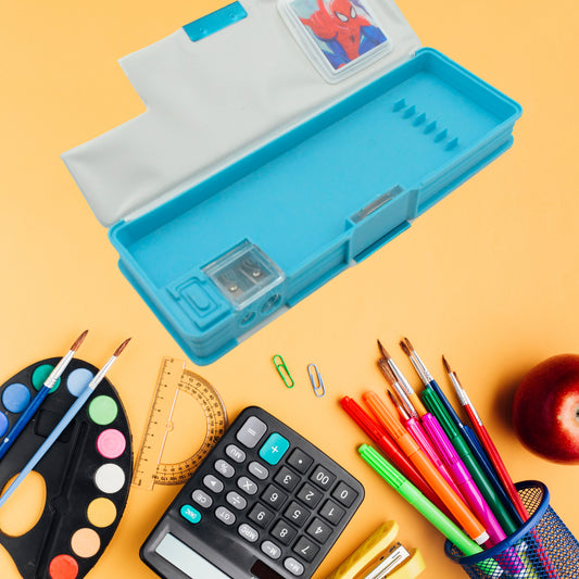 Art  Stationery Cartoon Multi-Functional Geometry Box For Boys With Inbuilt Calculator 2 Sides Open And Double Sharpener Stationery Kit Pencil Box For Boys Art Plastic Pencil Box  For Girls And Boys