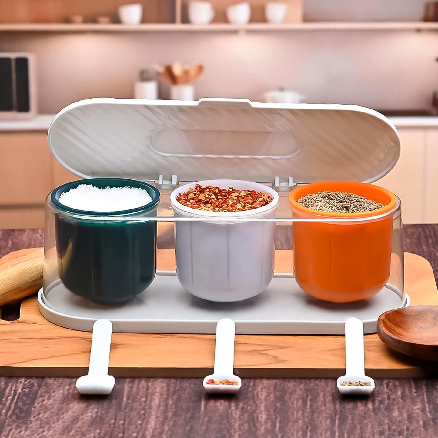 Homekitchen 3 Grid Seasoning Spice  Masala Box Kit With Spoon (Multicolor  1 Set)