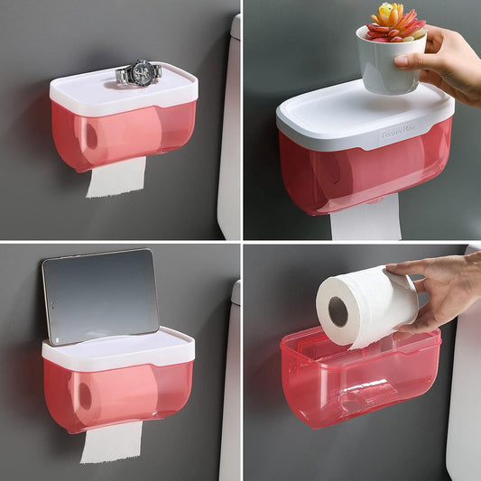 Multifunction 2-In-1 Bathroom Tissue Box Paper Phone Tablet Holder With Hook Self Adhesive Punch-Free Wall Mounted Waterproof Bathroom Roll Holder (1 Pc)