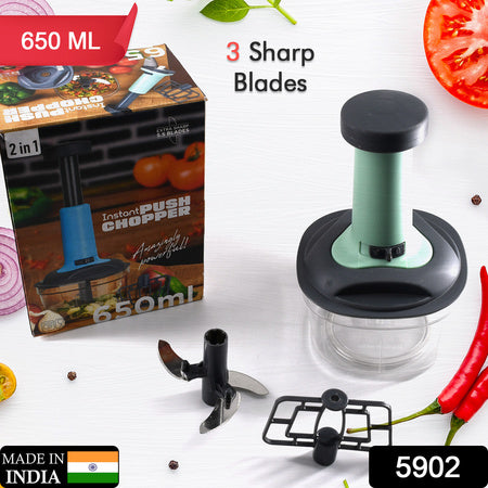 Push Chopper Manual Food Chopper And Hand Push Vegetable Chopper Cutter Mixer Set For Kitchen With 3 Stainless Steel Blade.