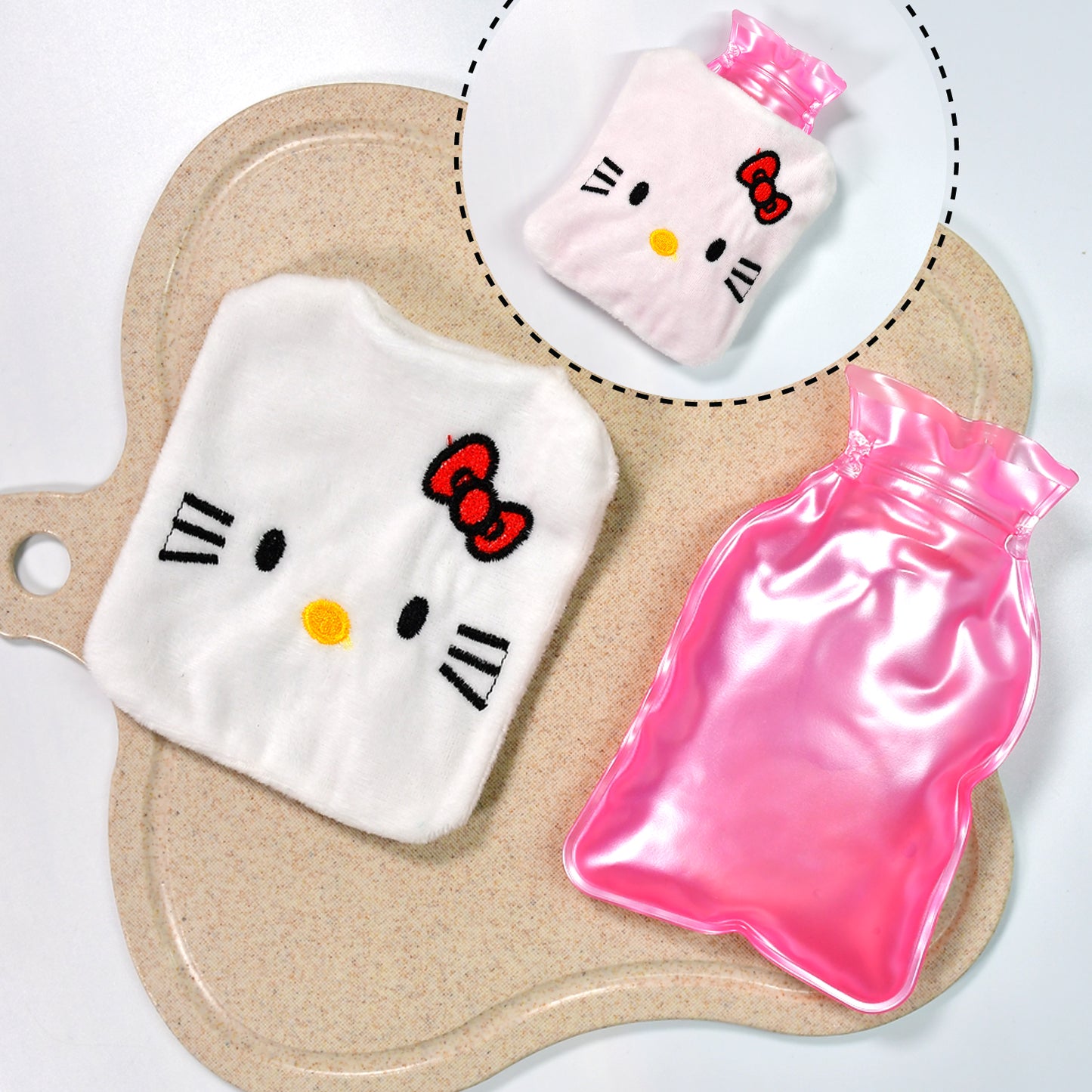 White Hello Kitty Small Hot Water Bag With Cover For Pain Relief Neck Shoulder Pain And Hand Feet Warmer Menstrual Cramps.