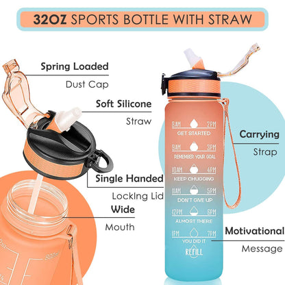 Motivational Water Bottle With Straw  Time Marker Bpa-Free Tritan Portable Gym Water Bottle Leakproof Reusable Special Design For Your Sports Activity Hiking Camping