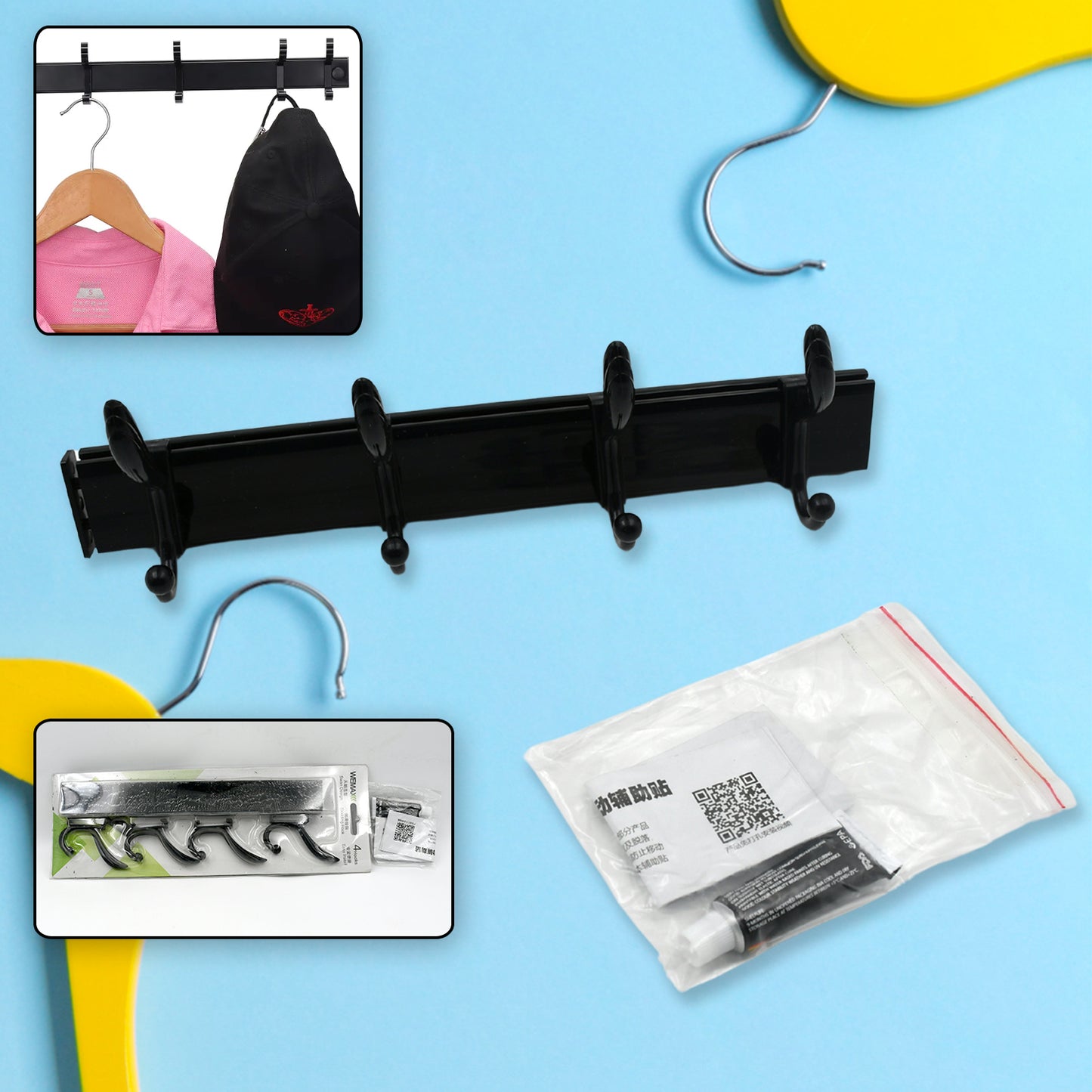 Cloth Hanger Wall Door Hooks Rail For Hanging Clothes For Hanging Hook Rack Rail Extra Long Coat Hanger Wall Mount For Clothes Jacket Hats 6 Hook With Eco-Friendly Liquid Adhesive Glue