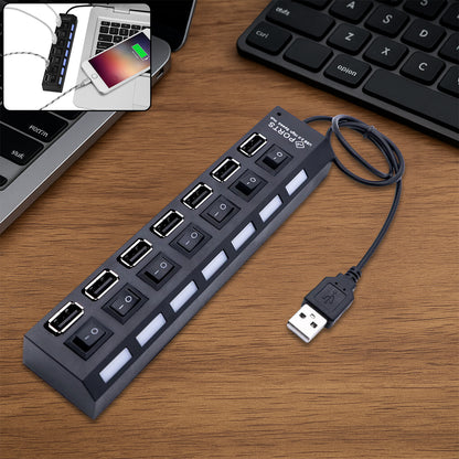 Usb Splitter Multi Port Usb 2.0 Hub 7 Port With Independent Onoff Switch And Led Indicators Usb A Port Data Hub Suitable For Pc Computer Keyboard Laptop Mobile Hdd Flash Drive Camera Etc