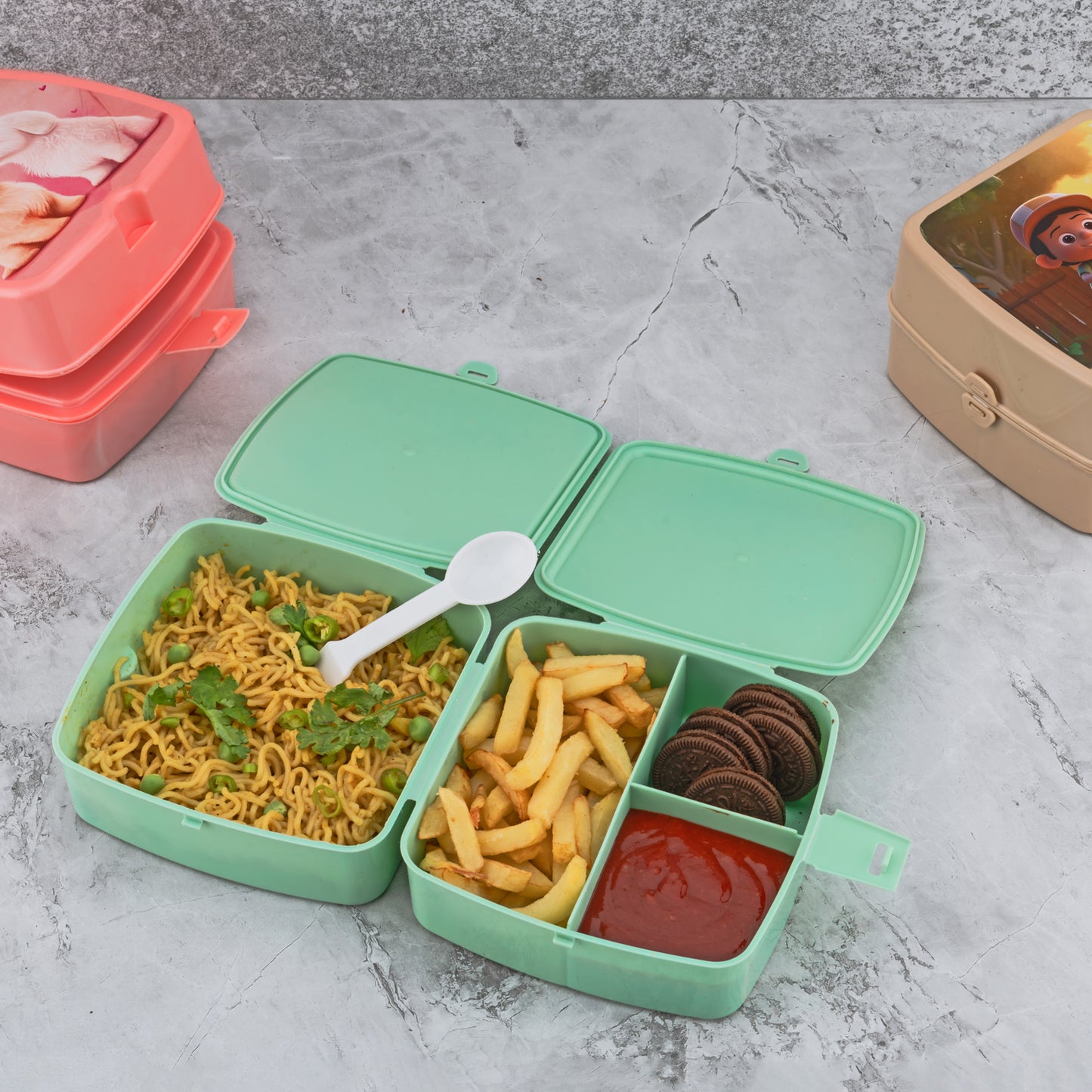 Double-Layer Square Lunch Box With  Spoon  4 Compartment Tiffin  Push Lock  Plastic Tiffin Box For Travelling School Kids  Office Exclusive Home