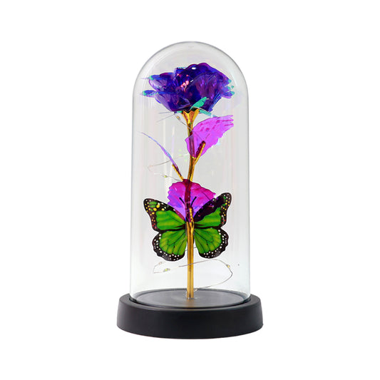 Led Preserved Rose With Colorful Butterfly In Plastic Dome (1 Pc  Mix Color)