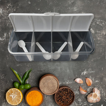 Kitchen Multipurpose Air-Tight 4 Sections Storage Containers  Masala Boxpickle (Achar) Jar With 4 Spoon For Each Section (1 Pc  Mix Color)