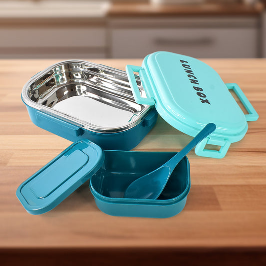 3 In1 Spicy Bite Stainless Steel Lunch Box With Plastic Small Box  Spoon (1 Set)