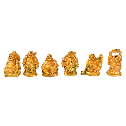Golden Laughing Buddha Set Of Six Pieces Statue For Happiness Wealth  Good Luck Decor For Wealth And Success (6 Pcs Set)