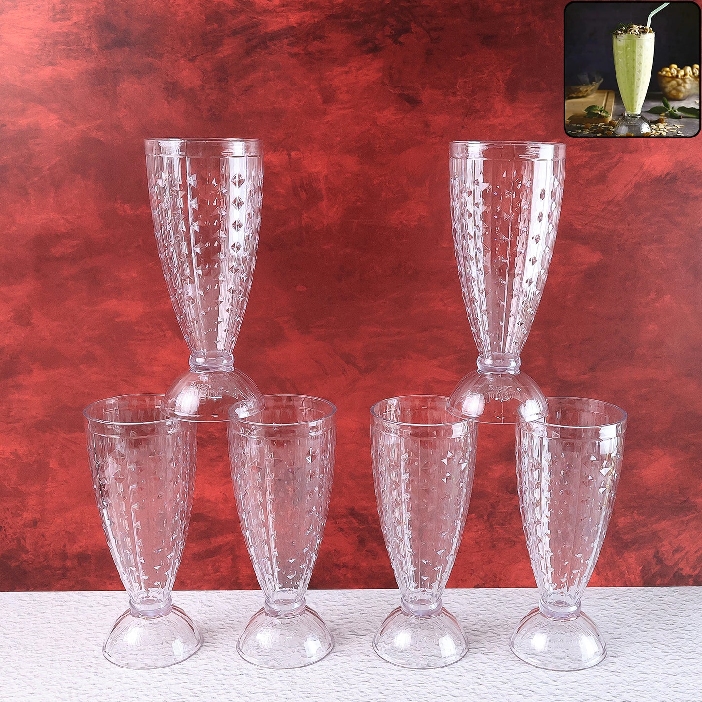 Supermom Transparent Plastic Milkshake Glass Set (400Ml  6 Pc)