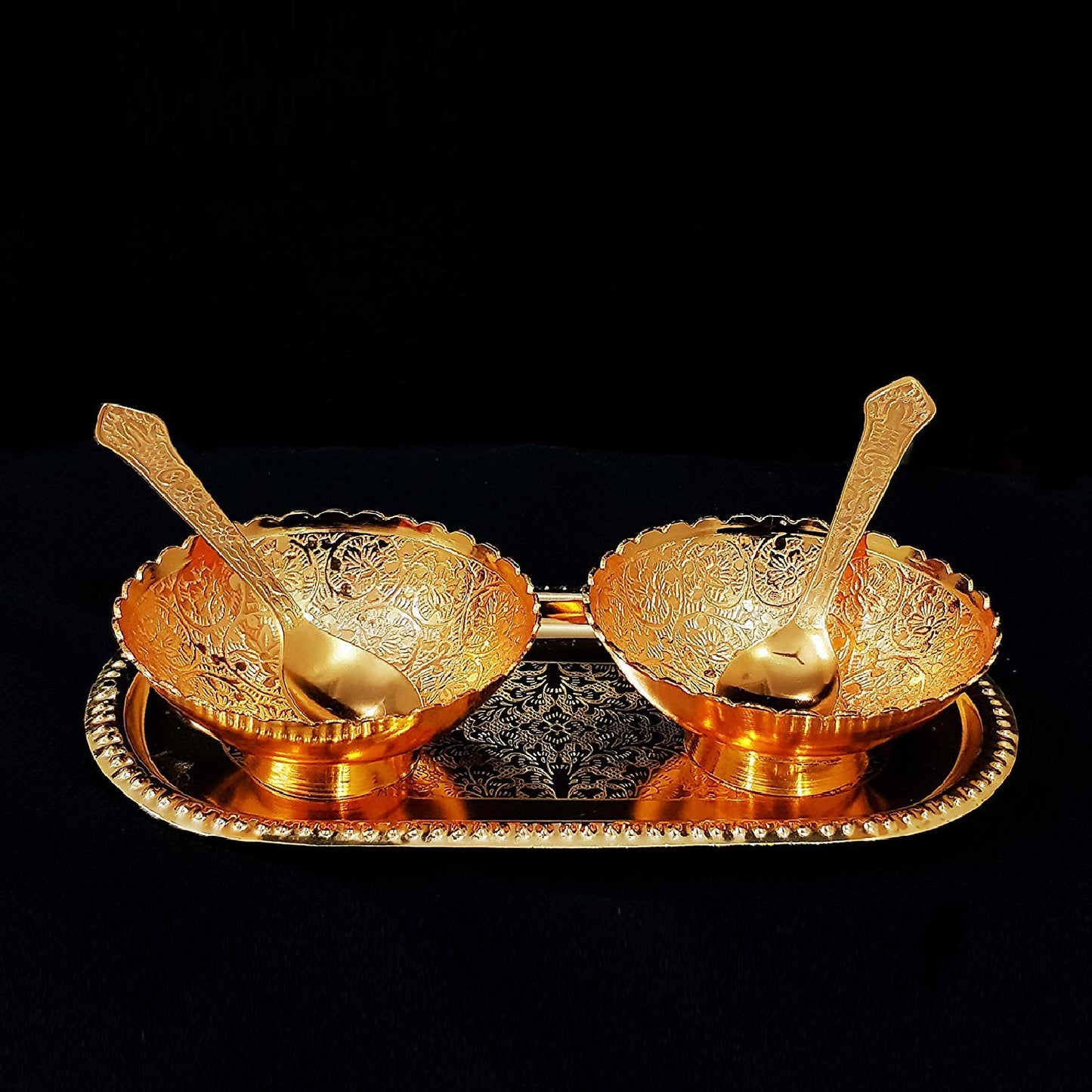 Gold Silver Plated 2 Bowl 2 Spoon Tray Set Brass With Red Velvet Gift Box Serving Dry Fruits Desserts Gift