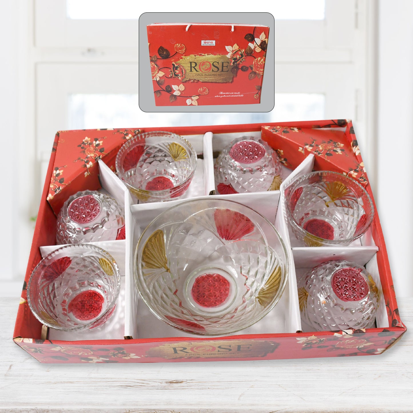 Rose Glass Multipurpose Pudding  Dessert  Ice Cream Bowl Set For Home Use Home  Kitchen Serving Bowl For Sundae Sweets Snacks Fruit Pudding Nuts Or Dip Serving Bowls 6 Medium  1 Big Bowl (Set Of 7 Pc)