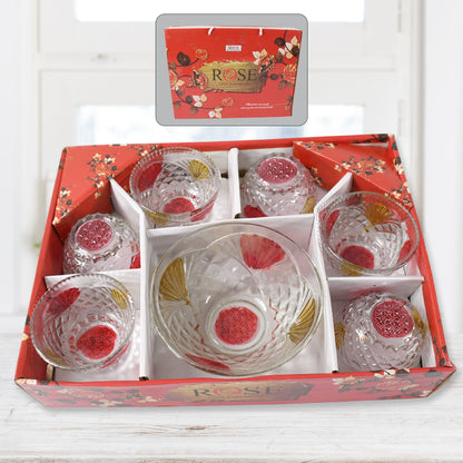 Rose Glass Multipurpose Pudding  Dessert  Ice Cream Bowl Set For Home Use Home  Kitchen Serving Bowl For Sundae Sweets Snacks Fruit Pudding Nuts Or Dip Serving Bowls 6 Medium  1 Big Bowl (Set Of 7 Pc)