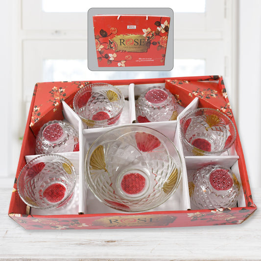 Rose Glass Multipurpose Pudding  Dessert  Ice Cream Bowl Set For Home Use Home  Kitchen Serving Bowl For Sundae Sweets Snacks Fruit Pudding Nuts Or Dip Serving Bowls 6 Medium  1 Big Bowl (Set Of 7 Pc)