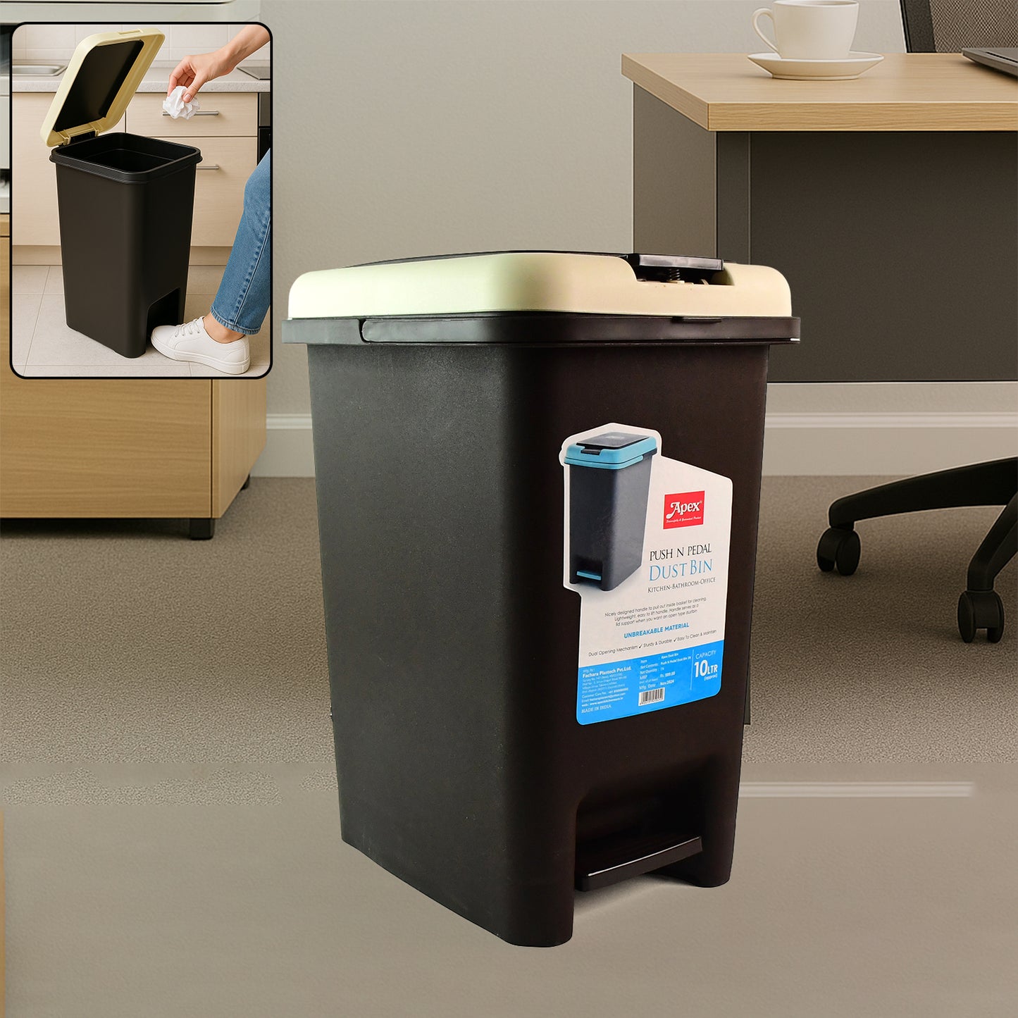 Apexpush N Pedal Plastic Dustbin 10L Capacity (1 Pc)