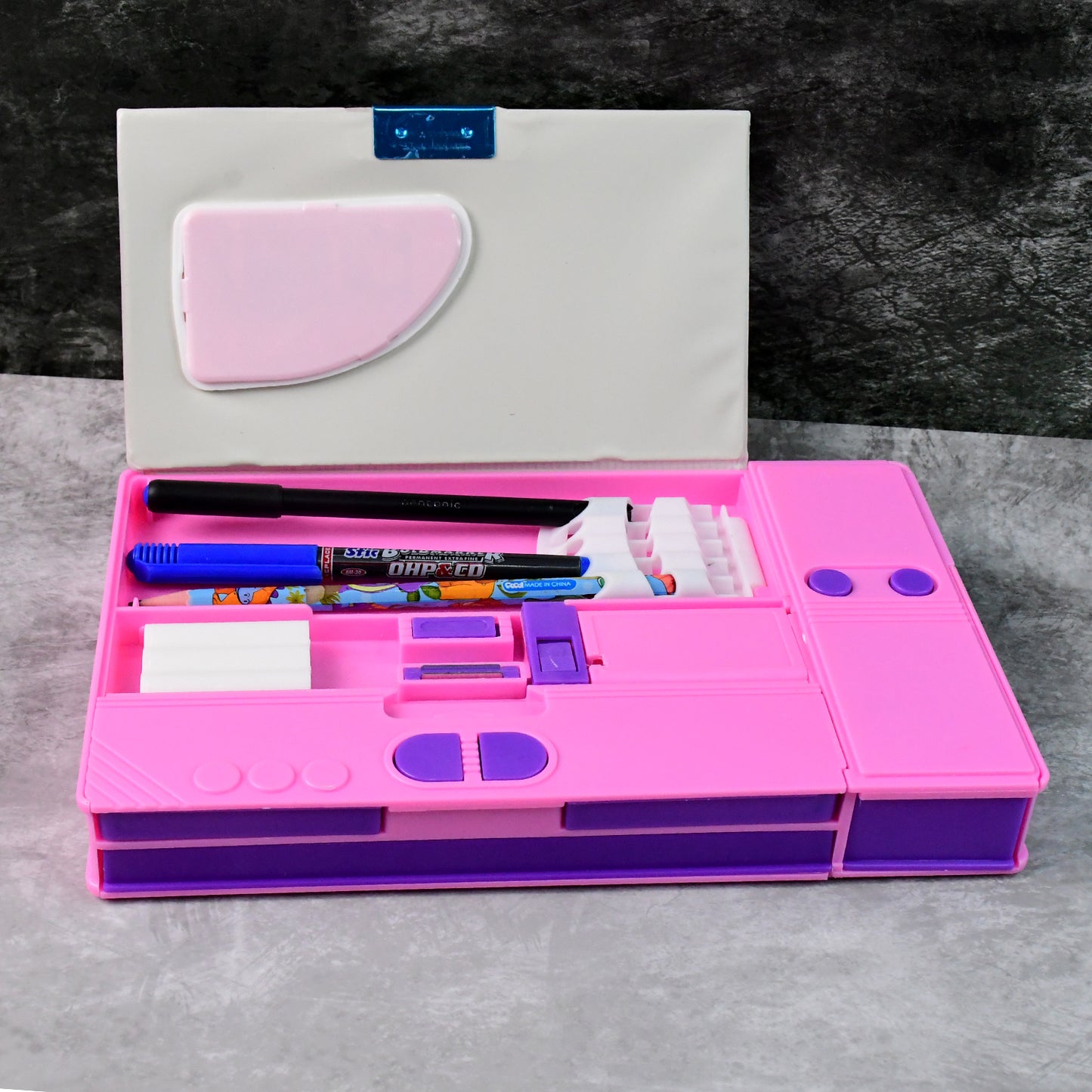 Multi-Functional Space Theme Pencil Box With Built-In Calculator (1 Pc)