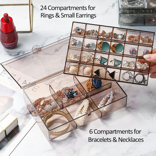 2 Layer Acrylic Jewelry Storage Box Dustproof Earring Box Storage Box Portable Nail Art Storage Case 24-Grid Small And 6-Grid Big Case Makeup Vanity Box (1 Pc  30 Compartment)