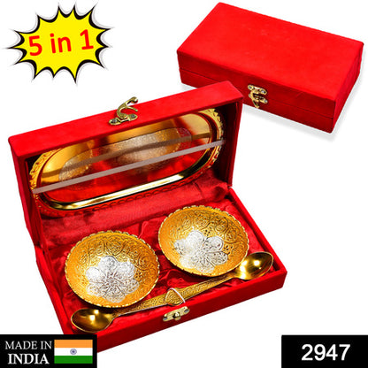 Gold Silver Plated 2 Bowl 2 Spoon Tray Set Brass With Red Velvet Gift Box Serving Dry Fruits Desserts Gift