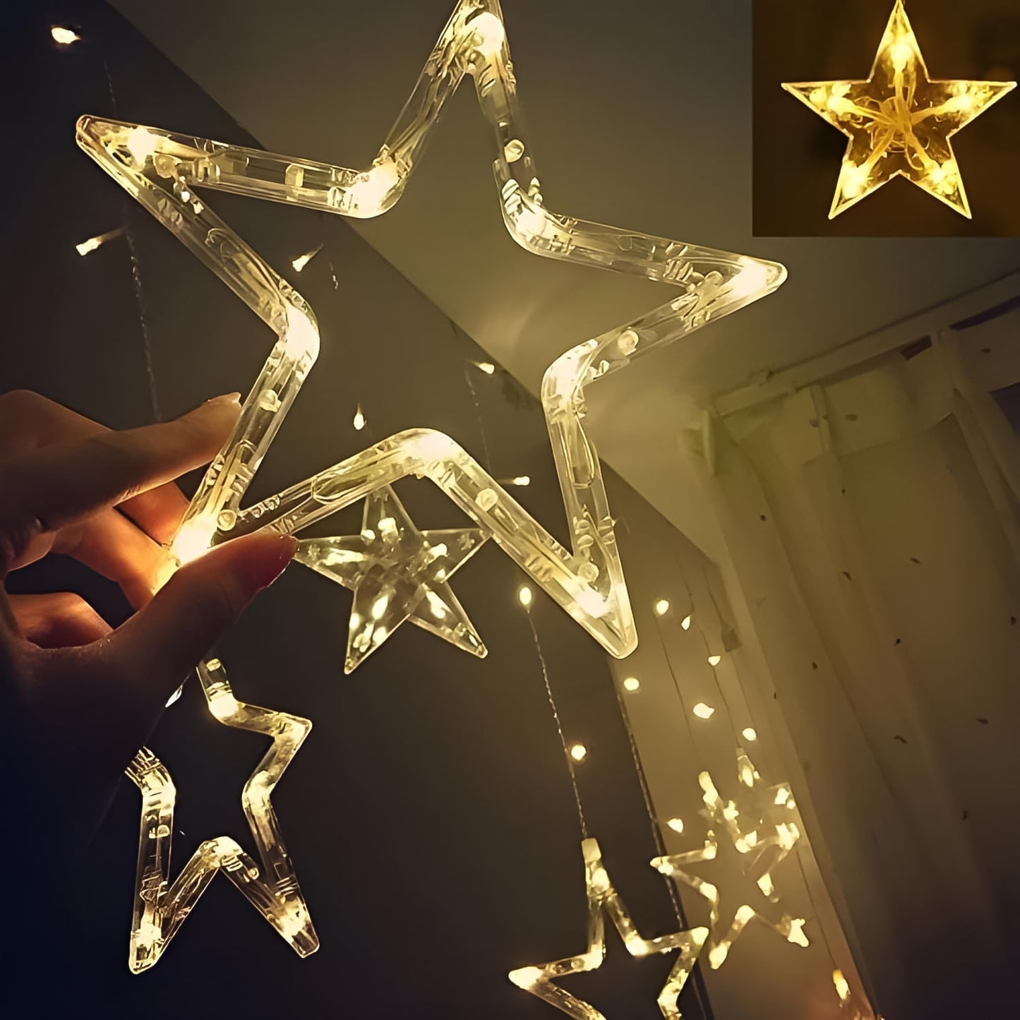 12 Stars Led Curtain String Lights With 8 Flashing Modes For Home Decoration Diwali  Wedding Led Christmas Light Indoor And Outdoor Light Festival Decoration  (Warm White)