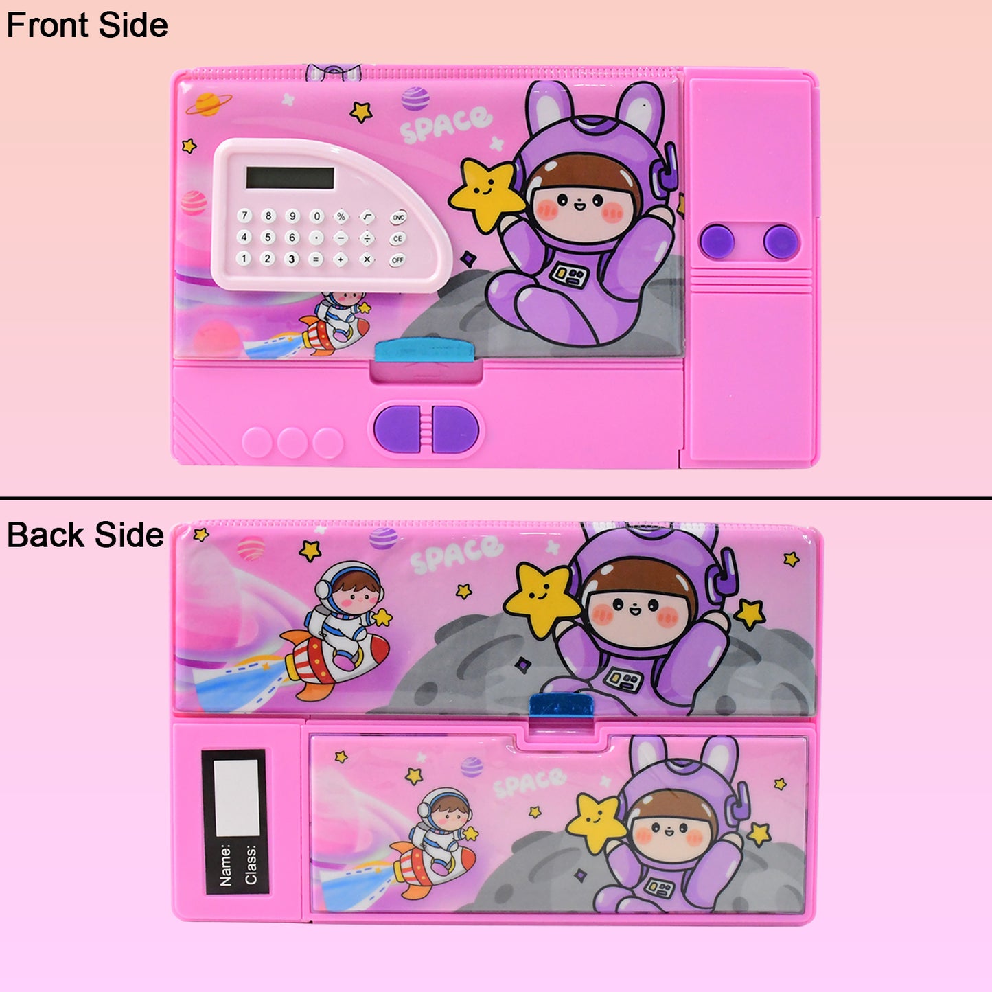Multi-Functional Space Theme Pencil Box With Built-In Calculator (1 Pc)